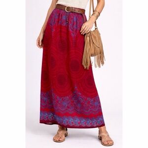 Red and Blue Floral Bohemian Maxi Skirt, M/L